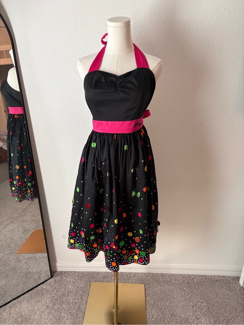 DISNEY PARKS Minnie Mouse Black Halter Polka Dot Fit-and-Flare Dress with Pink